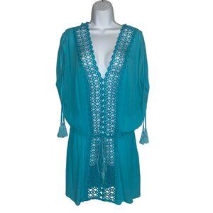 Sz.S*VENUS*Gauzy Turquoise-Colored Lacy Drawstring Waist Cover-Up/Dress